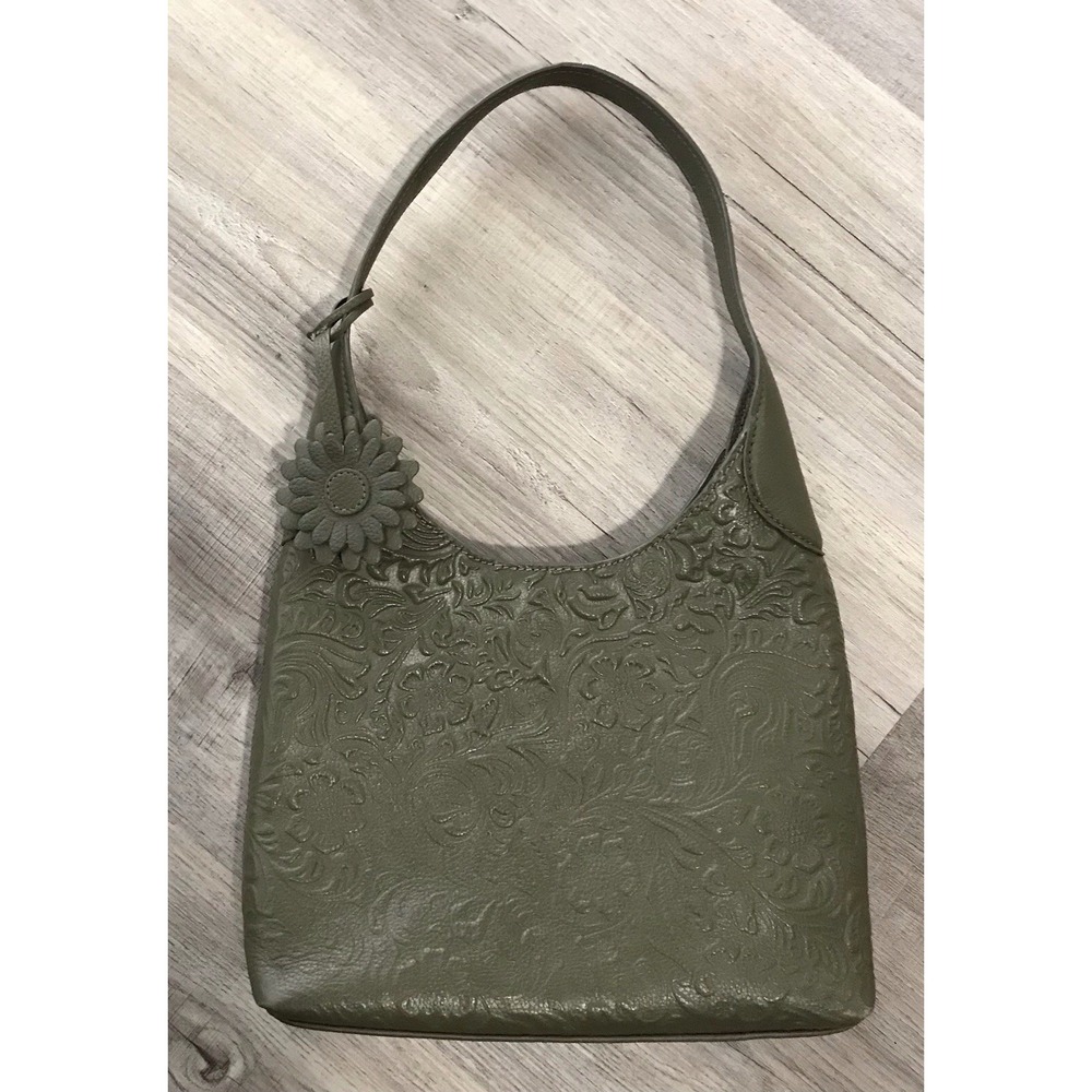 Shoulder Bag Tooled 100% Olive Green Leather Purse Handbag Made in India